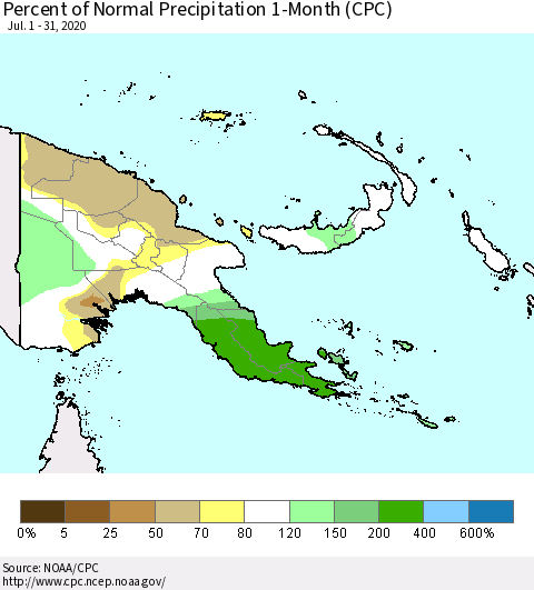 Papua New Guinea Percent of Normal Precipitation 1-Month (CPC) Thematic Map For 7/1/2020 - 7/31/2020