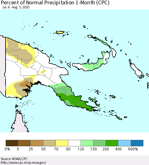 Papua New Guinea Percent of Normal Precipitation 1-Month (CPC) Thematic Map For 7/6/2020 - 8/5/2020