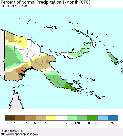 Papua New Guinea Percent of Normal Precipitation 1-Month (CPC) Thematic Map For 7/11/2020 - 8/10/2020