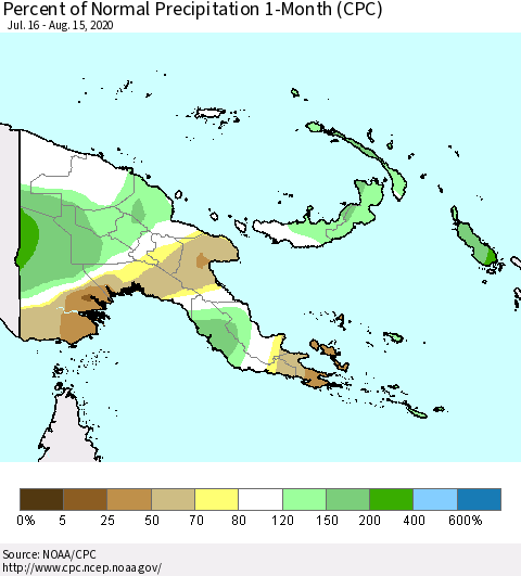 Papua New Guinea Percent of Normal Precipitation 1-Month (CPC) Thematic Map For 7/16/2020 - 8/15/2020