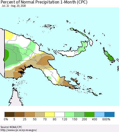 Papua New Guinea Percent of Normal Precipitation 1-Month (CPC) Thematic Map For 7/21/2020 - 8/20/2020