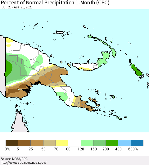 Papua New Guinea Percent of Normal Precipitation 1-Month (CPC) Thematic Map For 7/26/2020 - 8/25/2020