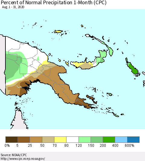 Papua New Guinea Percent of Normal Precipitation 1-Month (CPC) Thematic Map For 8/1/2020 - 8/31/2020