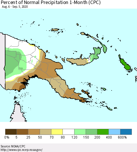 Papua New Guinea Percent of Normal Precipitation 1-Month (CPC) Thematic Map For 8/6/2020 - 9/5/2020