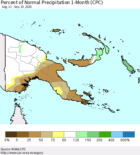 Papua New Guinea Percent of Normal Precipitation 1-Month (CPC) Thematic Map For 8/11/2020 - 9/10/2020
