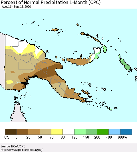 Papua New Guinea Percent of Normal Precipitation 1-Month (CPC) Thematic Map For 8/16/2020 - 9/15/2020