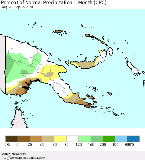 Papua New Guinea Percent of Normal Precipitation 1-Month (CPC) Thematic Map For 8/26/2020 - 9/25/2020