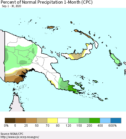 Papua New Guinea Percent of Normal Precipitation 1-Month (CPC) Thematic Map For 9/1/2020 - 9/30/2020
