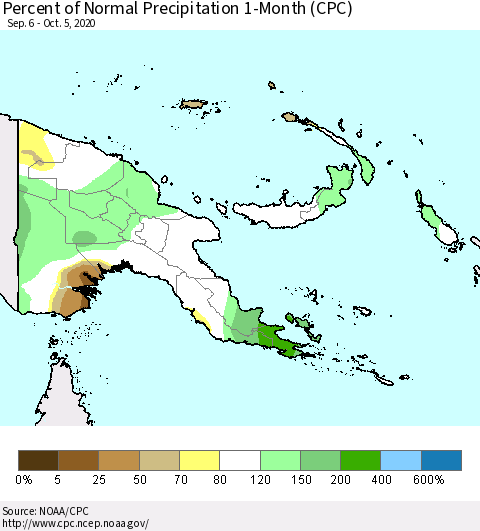 Papua New Guinea Percent of Normal Precipitation 1-Month (CPC) Thematic Map For 9/6/2020 - 10/5/2020
