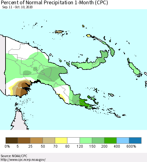 Papua New Guinea Percent of Normal Precipitation 1-Month (CPC) Thematic Map For 9/11/2020 - 10/10/2020