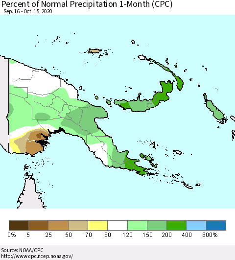 Papua New Guinea Percent of Normal Precipitation 1-Month (CPC) Thematic Map For 9/16/2020 - 10/15/2020