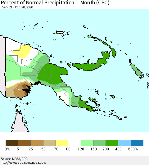 Papua New Guinea Percent of Normal Precipitation 1-Month (CPC) Thematic Map For 9/21/2020 - 10/20/2020