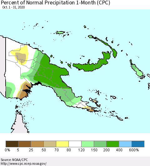 Papua New Guinea Percent of Normal Precipitation 1-Month (CPC) Thematic Map For 10/1/2020 - 10/31/2020