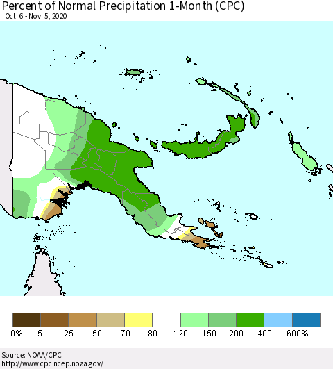 Papua New Guinea Percent of Normal Precipitation 1-Month (CPC) Thematic Map For 10/6/2020 - 11/5/2020