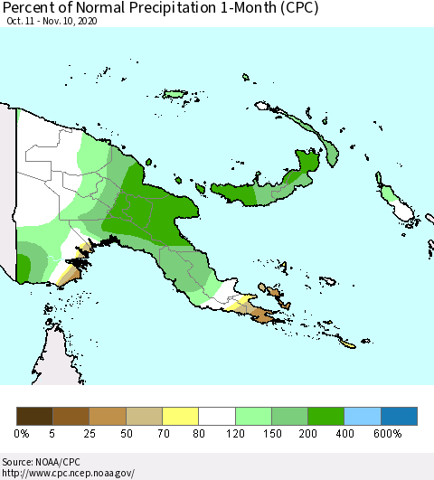 Papua New Guinea Percent of Normal Precipitation 1-Month (CPC) Thematic Map For 10/11/2020 - 11/10/2020