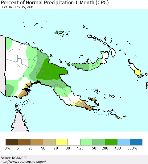 Papua New Guinea Percent of Normal Precipitation 1-Month (CPC) Thematic Map For 10/16/2020 - 11/15/2020