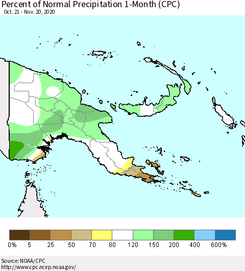Papua New Guinea Percent of Normal Precipitation 1-Month (CPC) Thematic Map For 10/21/2020 - 11/20/2020