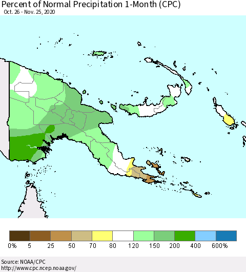 Papua New Guinea Percent of Normal Precipitation 1-Month (CPC) Thematic Map For 10/26/2020 - 11/25/2020
