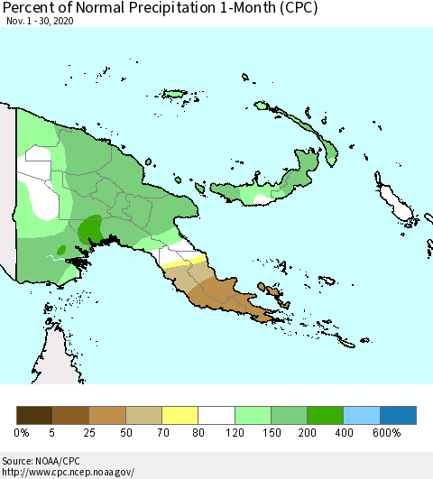 Papua New Guinea Percent of Normal Precipitation 1-Month (CPC) Thematic Map For 11/1/2020 - 11/30/2020