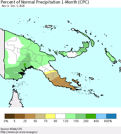 Papua New Guinea Percent of Normal Precipitation 1-Month (CPC) Thematic Map For 11/6/2020 - 12/5/2020