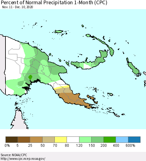 Papua New Guinea Percent of Normal Precipitation 1-Month (CPC) Thematic Map For 11/11/2020 - 12/10/2020