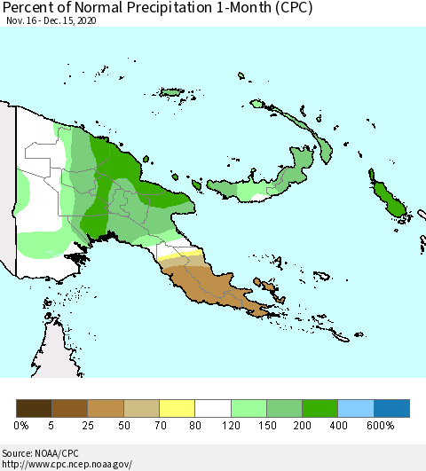 Papua New Guinea Percent of Normal Precipitation 1-Month (CPC) Thematic Map For 11/16/2020 - 12/15/2020