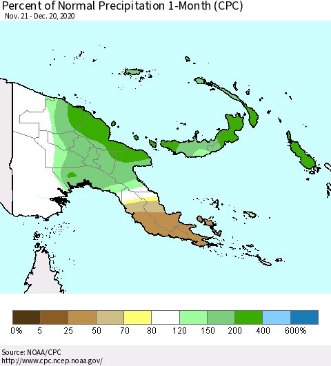 Papua New Guinea Percent of Normal Precipitation 1-Month (CPC) Thematic Map For 11/21/2020 - 12/20/2020