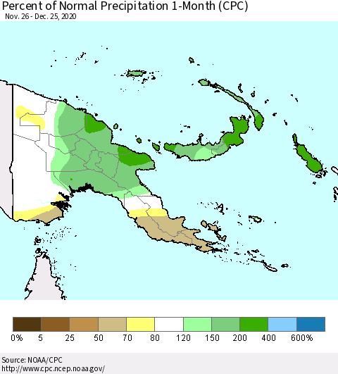 Papua New Guinea Percent of Normal Precipitation 1-Month (CPC) Thematic Map For 11/26/2020 - 12/25/2020