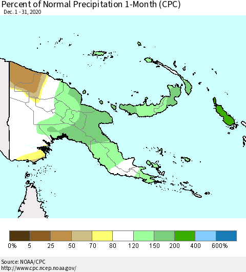 Papua New Guinea Percent of Normal Precipitation 1-Month (CPC) Thematic Map For 12/1/2020 - 12/31/2020