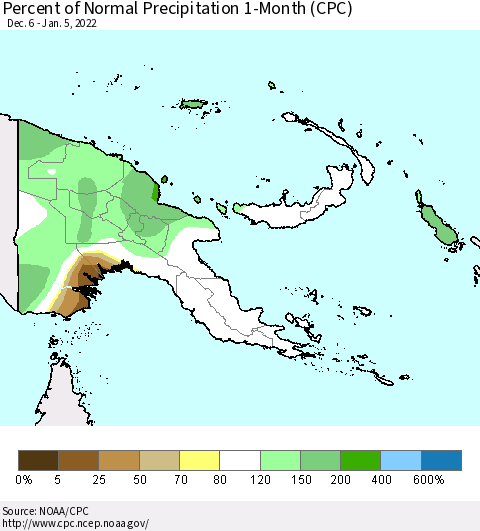 Papua New Guinea Percent of Normal Precipitation 1-Month (CPC) Thematic Map For 12/6/2021 - 1/5/2022