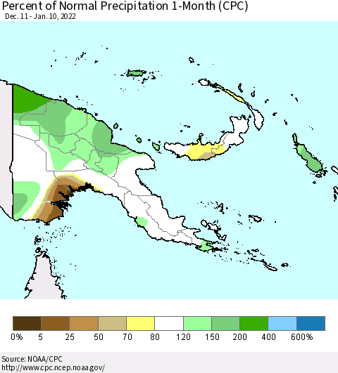 Papua New Guinea Percent of Normal Precipitation 1-Month (CPC) Thematic Map For 12/11/2021 - 1/10/2022