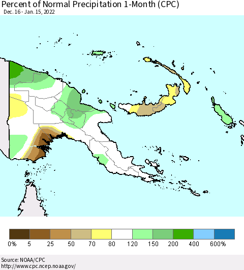 Papua New Guinea Percent of Normal Precipitation 1-Month (CPC) Thematic Map For 12/16/2021 - 1/15/2022