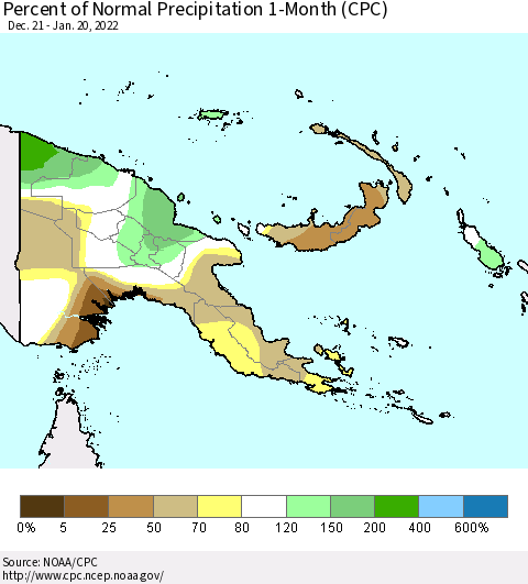 Papua New Guinea Percent of Normal Precipitation 1-Month (CPC) Thematic Map For 12/21/2021 - 1/20/2022