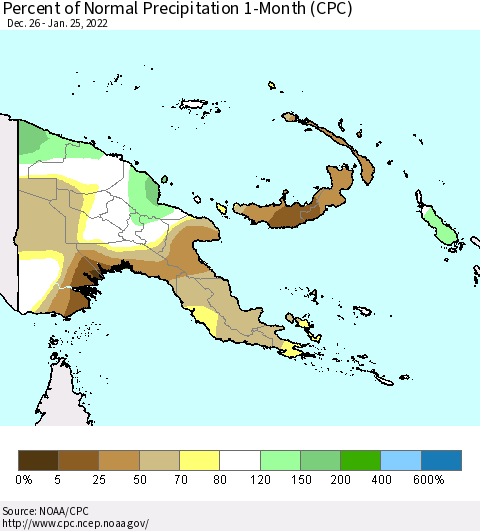 Papua New Guinea Percent of Normal Precipitation 1-Month (CPC) Thematic Map For 12/26/2021 - 1/25/2022