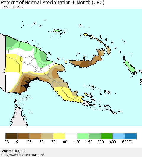 Papua New Guinea Percent of Normal Precipitation 1-Month (CPC) Thematic Map For 1/1/2022 - 1/31/2022
