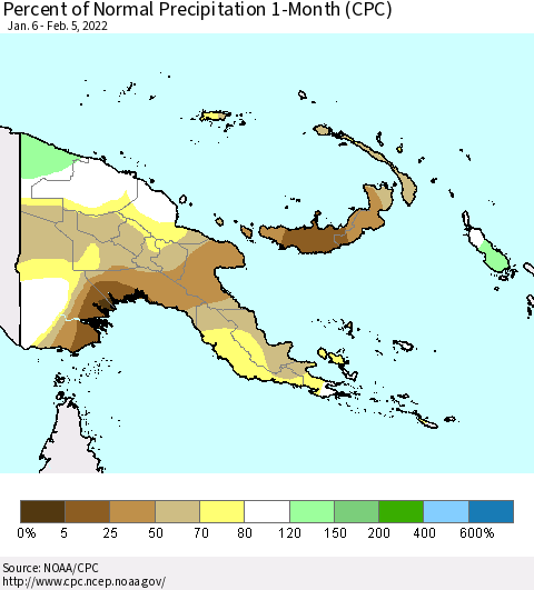 Papua New Guinea Percent of Normal Precipitation 1-Month (CPC) Thematic Map For 1/6/2022 - 2/5/2022