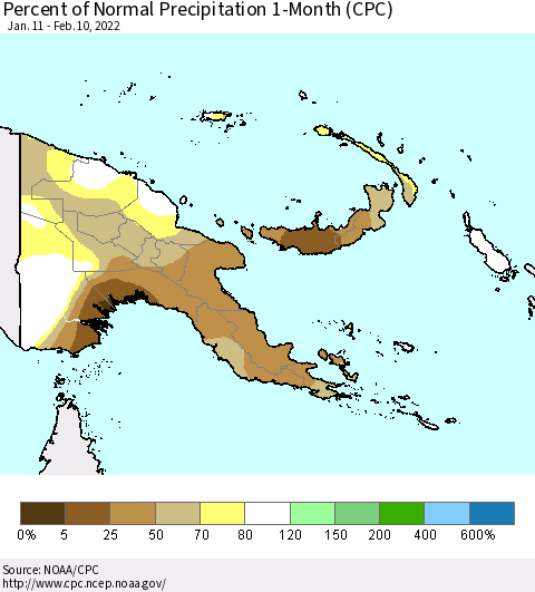 Papua New Guinea Percent of Normal Precipitation 1-Month (CPC) Thematic Map For 1/11/2022 - 2/10/2022