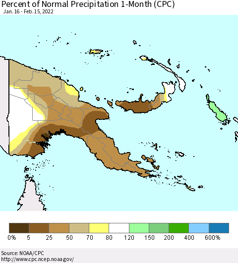 Papua New Guinea Percent of Normal Precipitation 1-Month (CPC) Thematic Map For 1/16/2022 - 2/15/2022