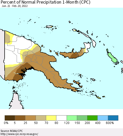 Papua New Guinea Percent of Normal Precipitation 1-Month (CPC) Thematic Map For 1/21/2022 - 2/20/2022