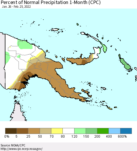 Papua New Guinea Percent of Normal Precipitation 1-Month (CPC) Thematic Map For 1/26/2022 - 2/25/2022