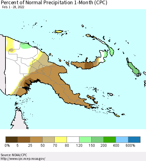 Papua New Guinea Percent of Normal Precipitation 1-Month (CPC) Thematic Map For 2/1/2022 - 2/28/2022