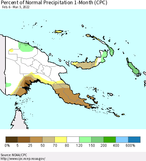 Papua New Guinea Percent of Normal Precipitation 1-Month (CPC) Thematic Map For 2/6/2022 - 3/5/2022