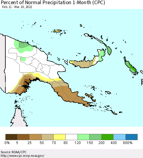 Papua New Guinea Percent of Normal Precipitation 1-Month (CPC) Thematic Map For 2/11/2022 - 3/10/2022