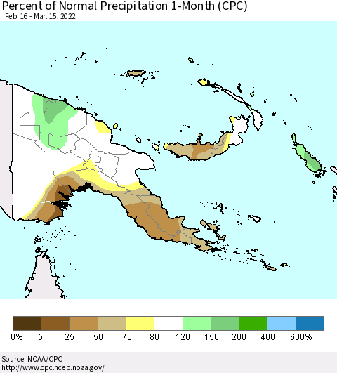 Papua New Guinea Percent of Normal Precipitation 1-Month (CPC) Thematic Map For 2/16/2022 - 3/15/2022