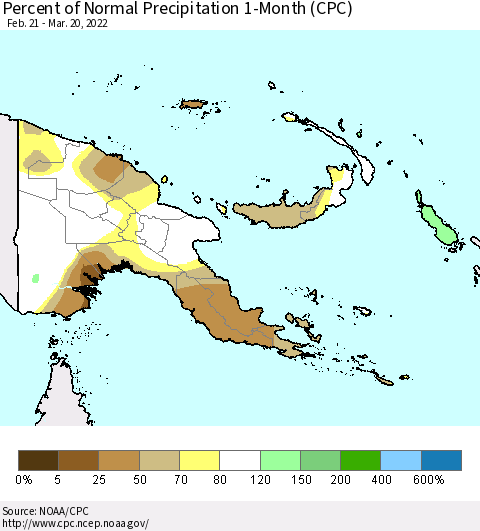 Papua New Guinea Percent of Normal Precipitation 1-Month (CPC) Thematic Map For 2/21/2022 - 3/20/2022