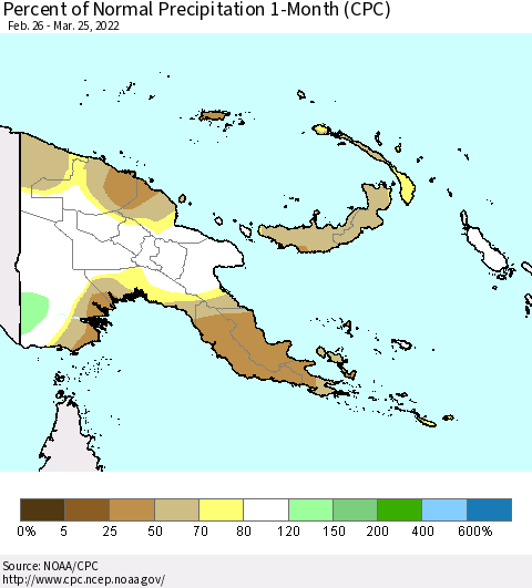 Papua New Guinea Percent of Normal Precipitation 1-Month (CPC) Thematic Map For 2/26/2022 - 3/25/2022