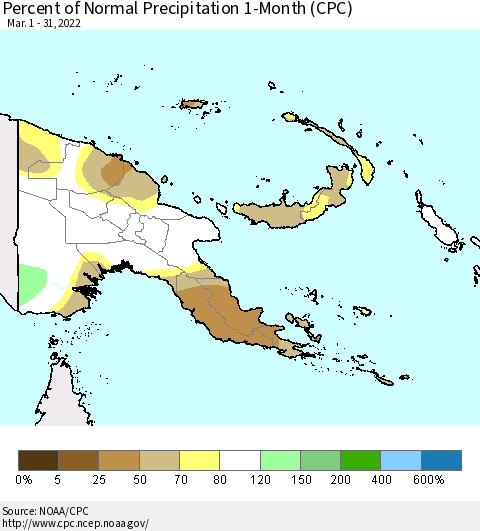 Papua New Guinea Percent of Normal Precipitation 1-Month (CPC) Thematic Map For 3/1/2022 - 3/31/2022