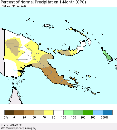 Papua New Guinea Percent of Normal Precipitation 1-Month (CPC) Thematic Map For 3/21/2022 - 4/20/2022