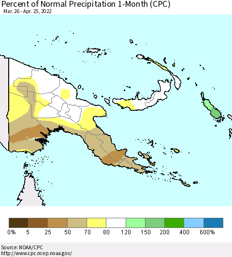 Papua New Guinea Percent of Normal Precipitation 1-Month (CPC) Thematic Map For 3/26/2022 - 4/25/2022