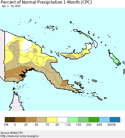 Papua New Guinea Percent of Normal Precipitation 1-Month (CPC) Thematic Map For 4/1/2022 - 4/30/2022